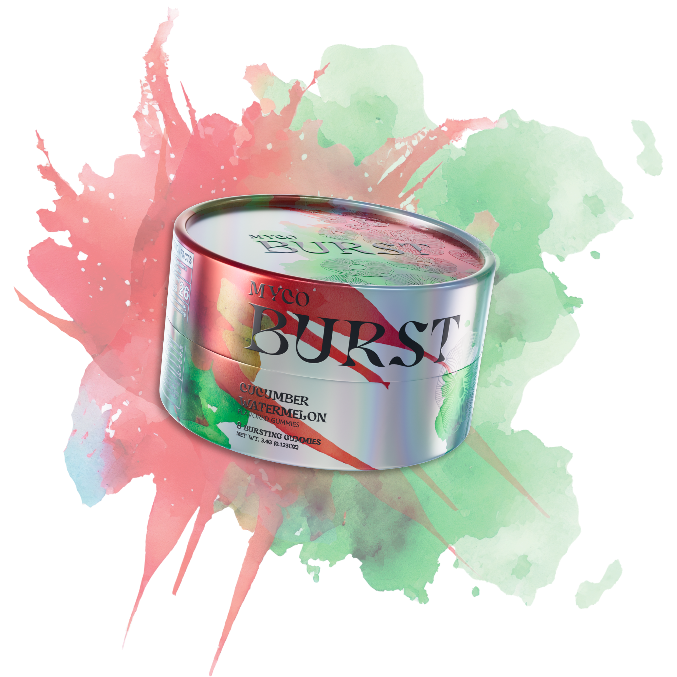 Close-up of MycoBurst’s Cucumber Watermelon mushroom gummy tin featuring a shiny, iridescent surface with red and green watercolor brushstrokes and subtle mushroom illustrations on the lid.