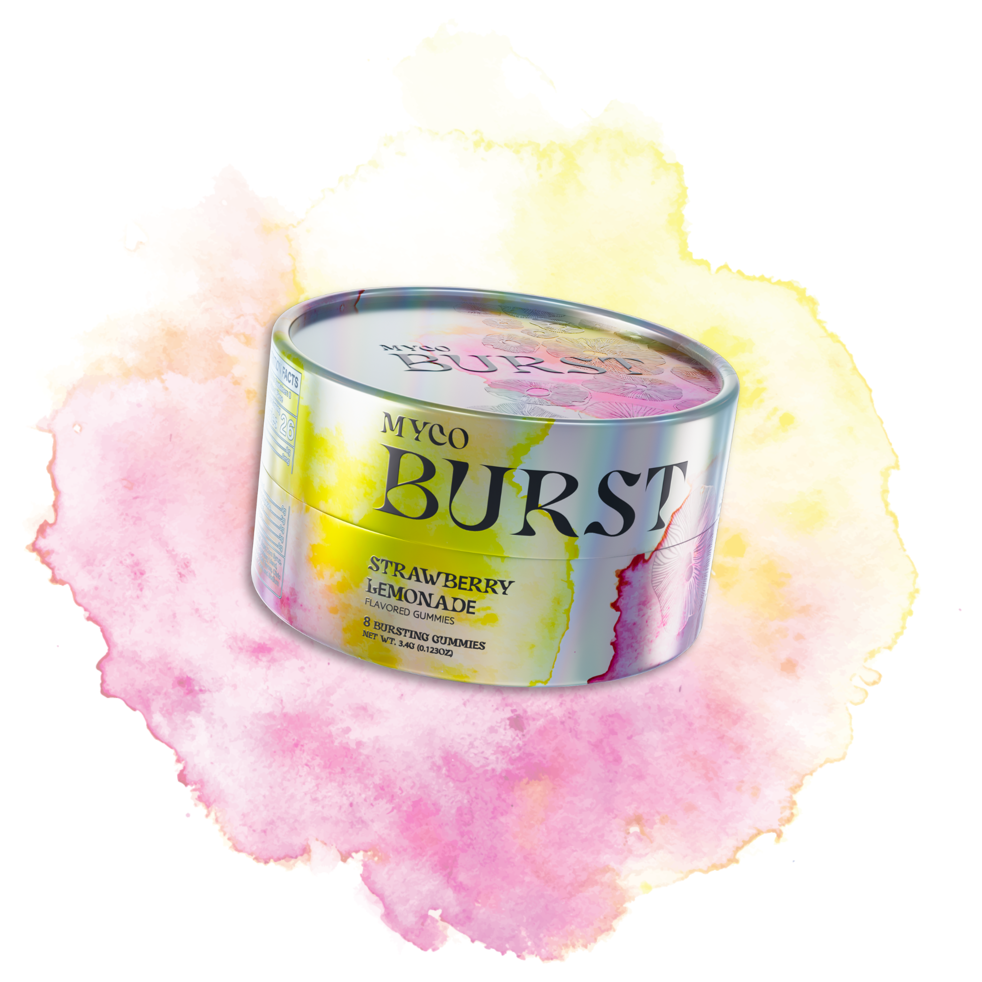 MycoBurst Strawberry Lemonade flavored mushroom gummies in a glossy, iridescent tin, set against a vibrant pink and yellow watercolor splash background.