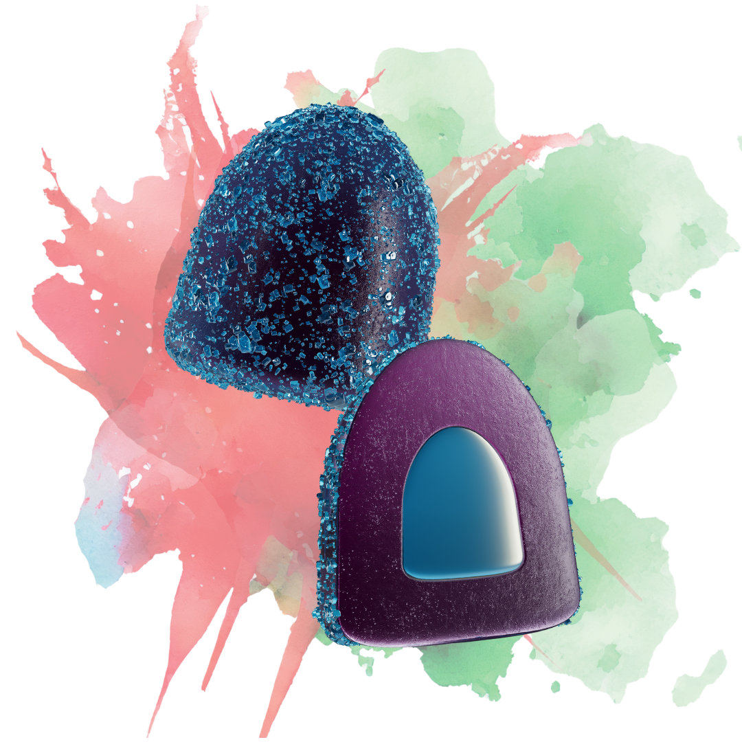 Two blue and purple Mycoburst mood-boosting gusher gummies in Cucumber Watermelon Flavor on a red and green watercolor painted background