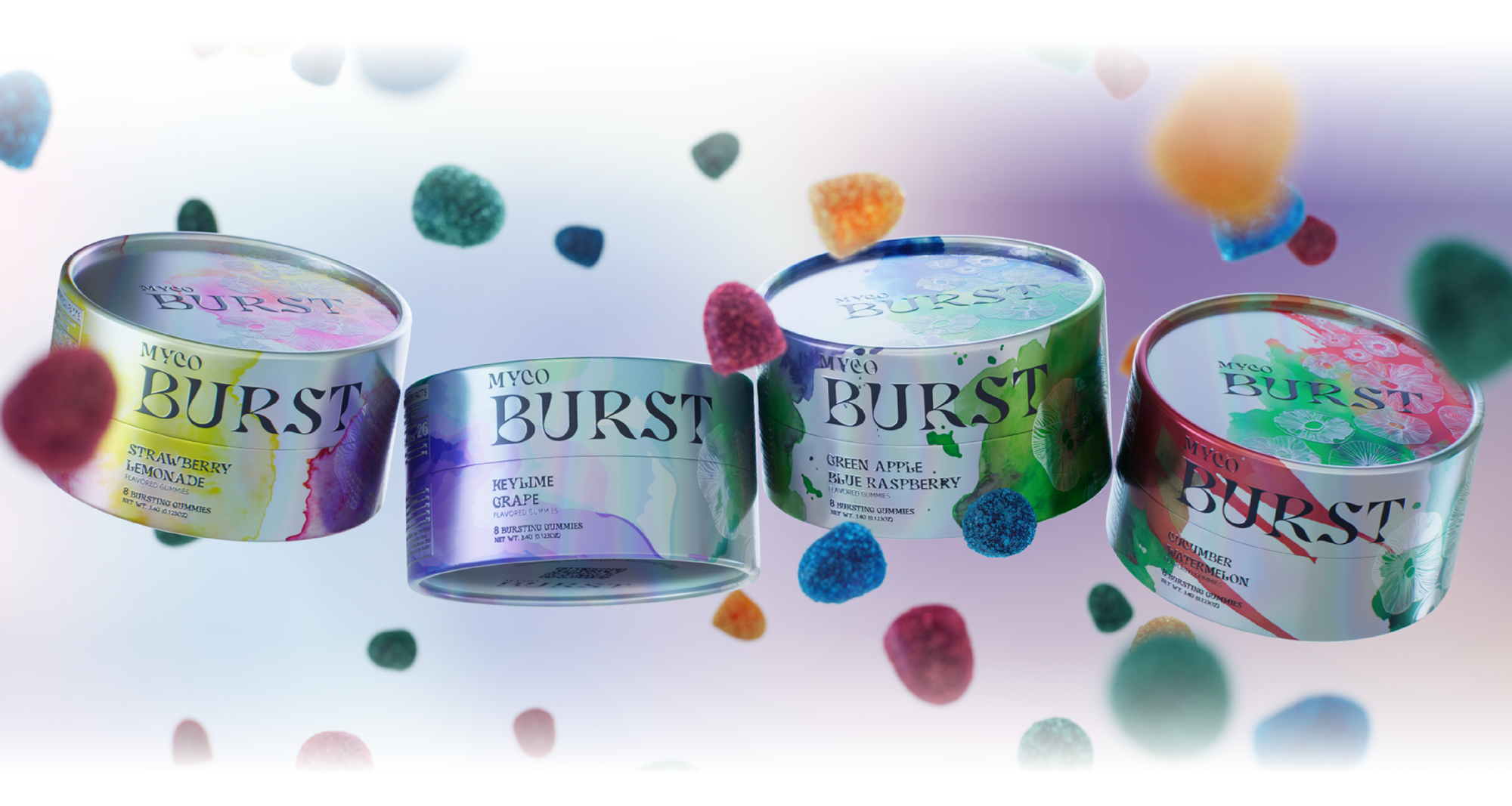 MycoBurst mood-boosting mushroom gummies in four vibrant tins—Strawberry Lemonade, Key Lime Grape, Green Apple Blue Raspberry, and Cucumber Watermelon—floating among colorful gummies with a dreamy, iridescent background.