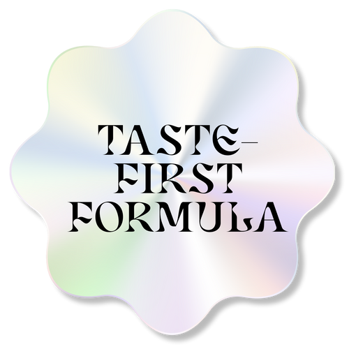 Iridescent wavy badge graphic with the words “Taste-First Formula” in bold black text, representing MycoBurst’s commitment to flavor-forward mushroom gummy formulations.