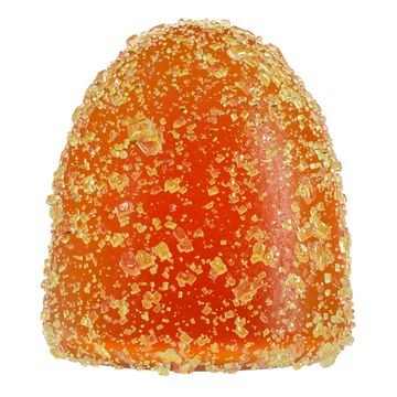 Zoomed-in image of a whole MycoBurst Strawberry Lemonade gummy with a bold orange color and glistening yellow sugar crystal coating.