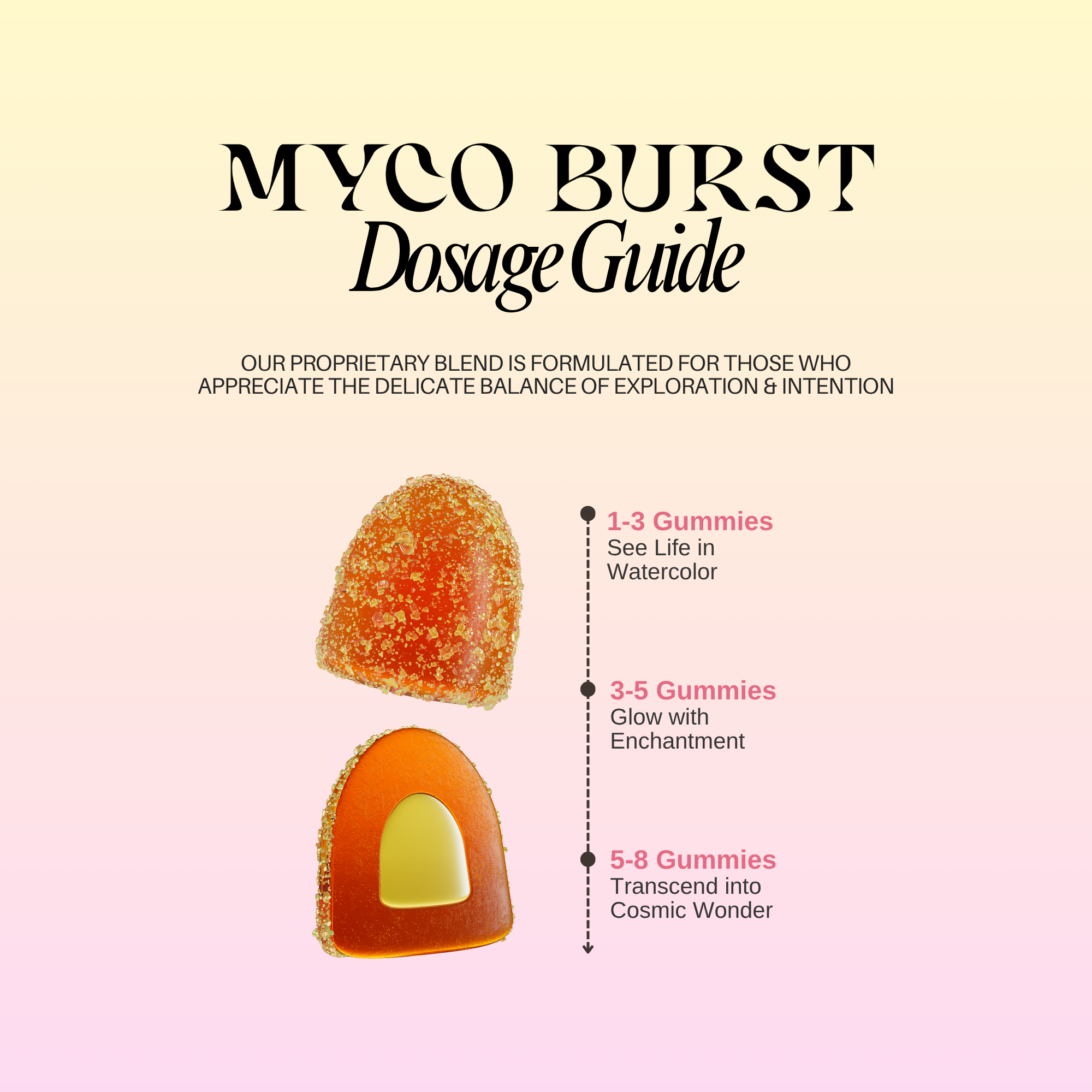 MycoBurst Dosage Guide showing guidelines for 1-3 gummies, 3-5 gummies, and 5-8 gummies