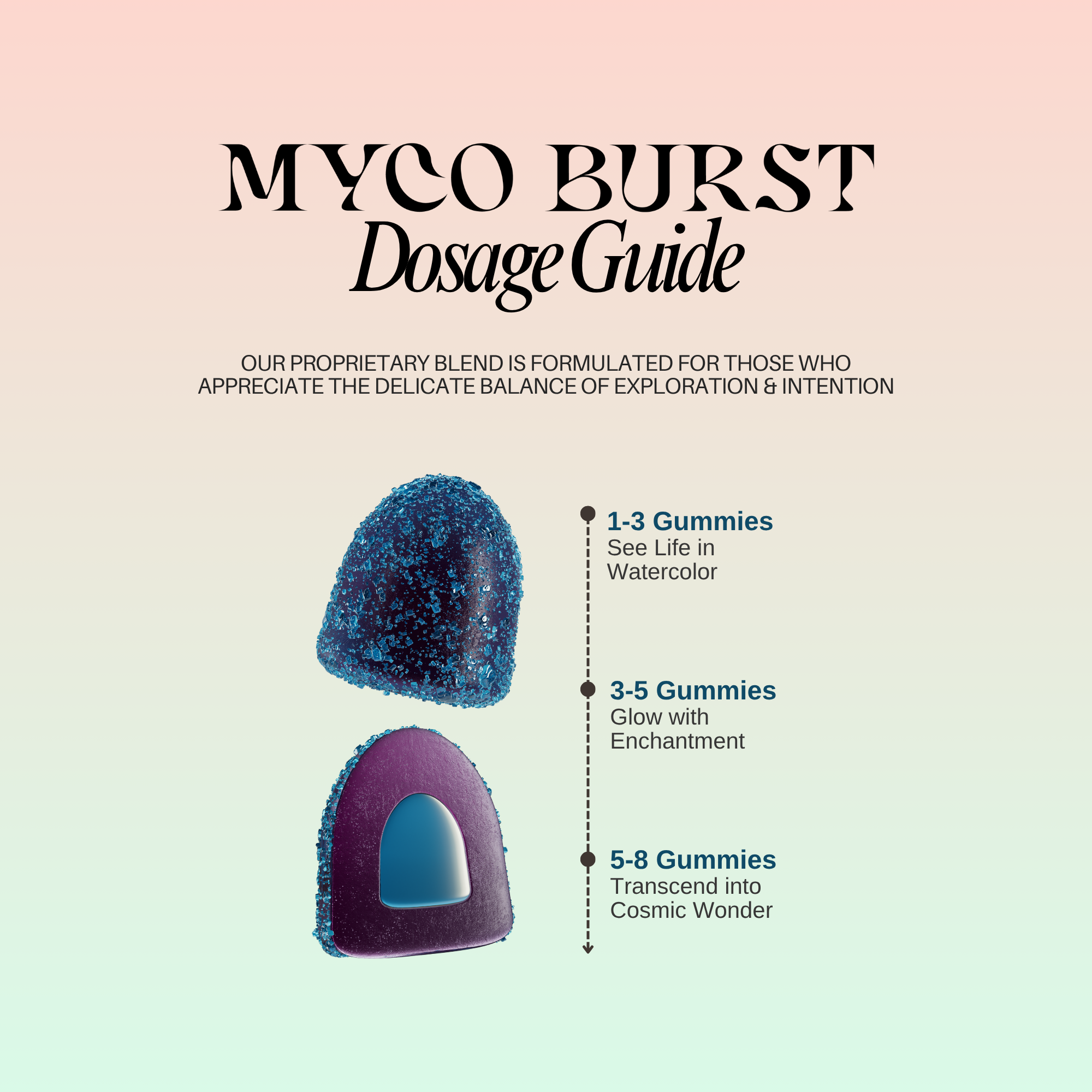 MycoBurst Dosage Guide showing guidelines for 1-3 gummies, 3-5 gummies, and 5-8 gummies