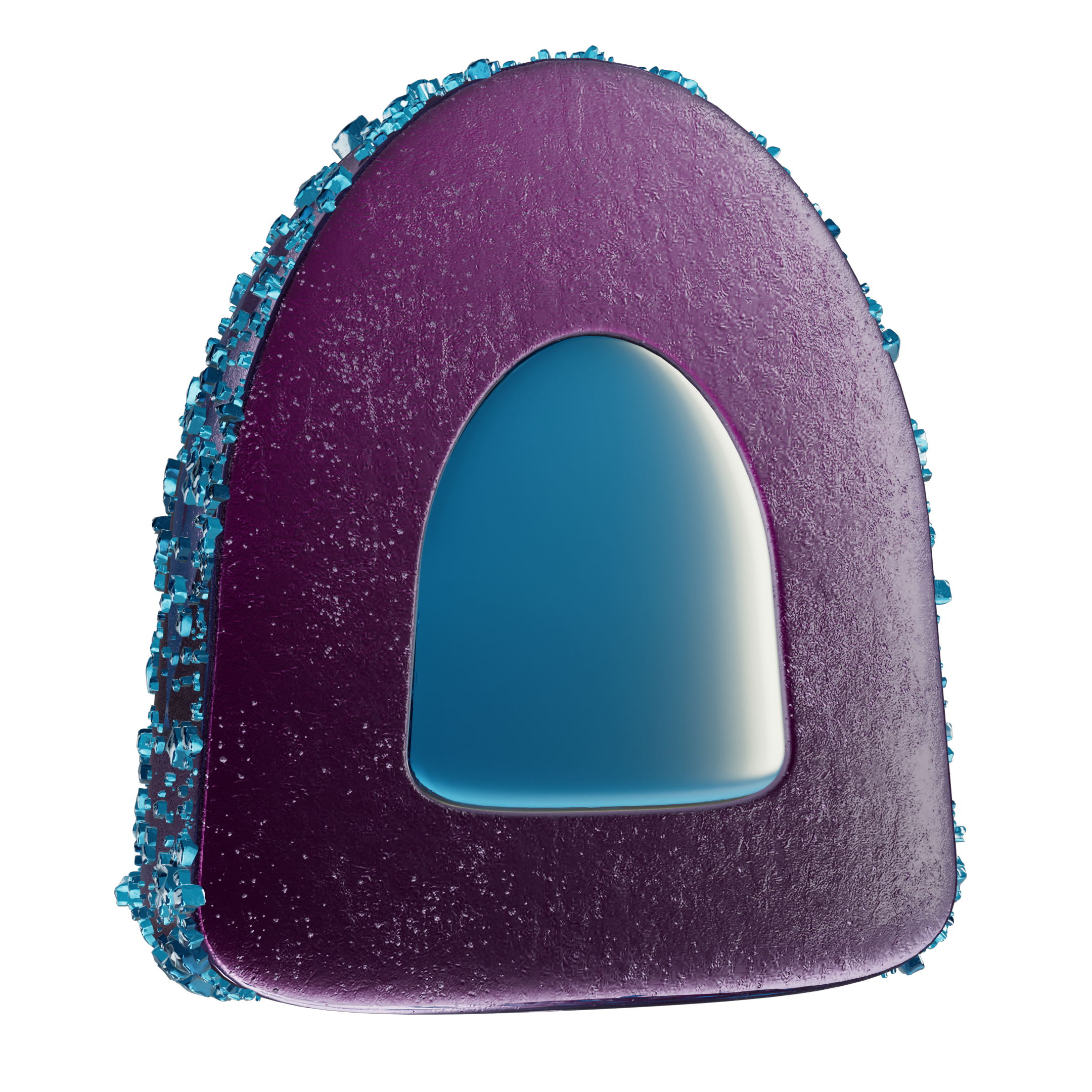 Close-up of a sliced MycoBurst Cucumber Watermelon gummy with a rich purple exterior, coated in blue sugar crystals, and a bright blue liquid center.