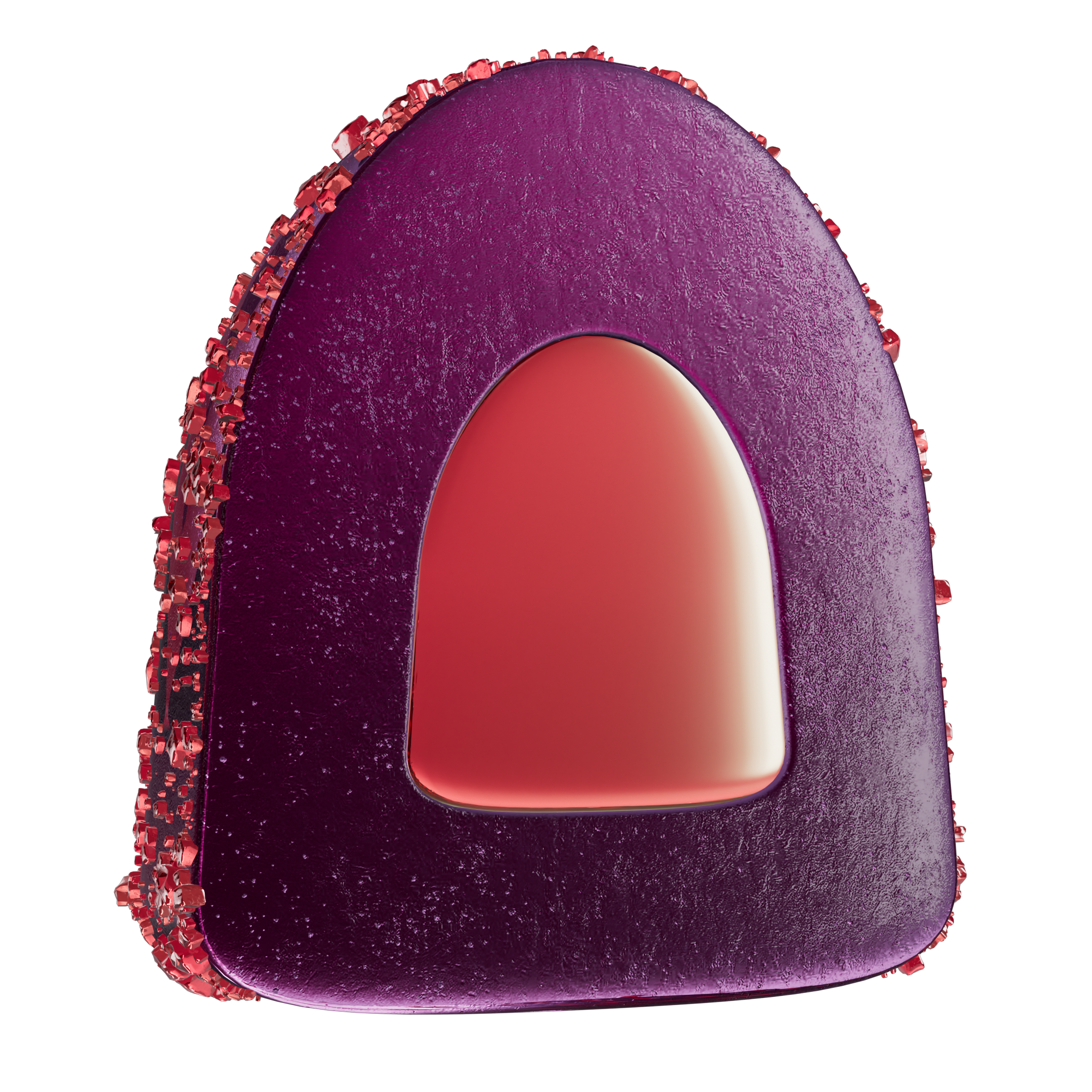Detailed image of a half-sliced MycoBurst Green Apple Blue Raspberry gummy with a glossy magenta shell, red sugar coating, and a vibrant red-orange liquid center.
