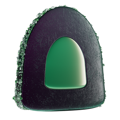 Zoomed-in view of a half-sliced MycoBurst Key Lime Grape gummy with a deep green outer layer, sparkling green sugar coating, and a vivid green core.