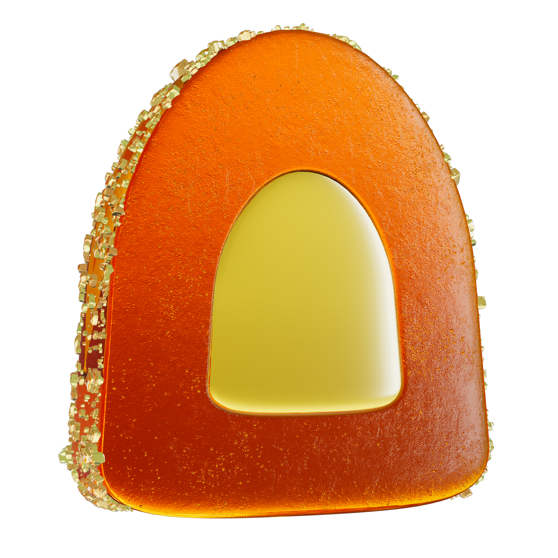 Close-up of a half-cut MycoBurst Strawberry Lemonade gummy featuring a bright orange shell, golden sugar coating, and a soft yellow bursting center.