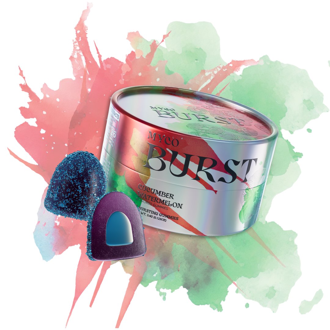 MycoBurst Cucumber Watermelon flavored mushroom gummies in a glossy, iridescent tin, shown with two gummies—one whole and one sliced open to reveal a bright blue center—set against a vibrant red and green watercolor splash background.