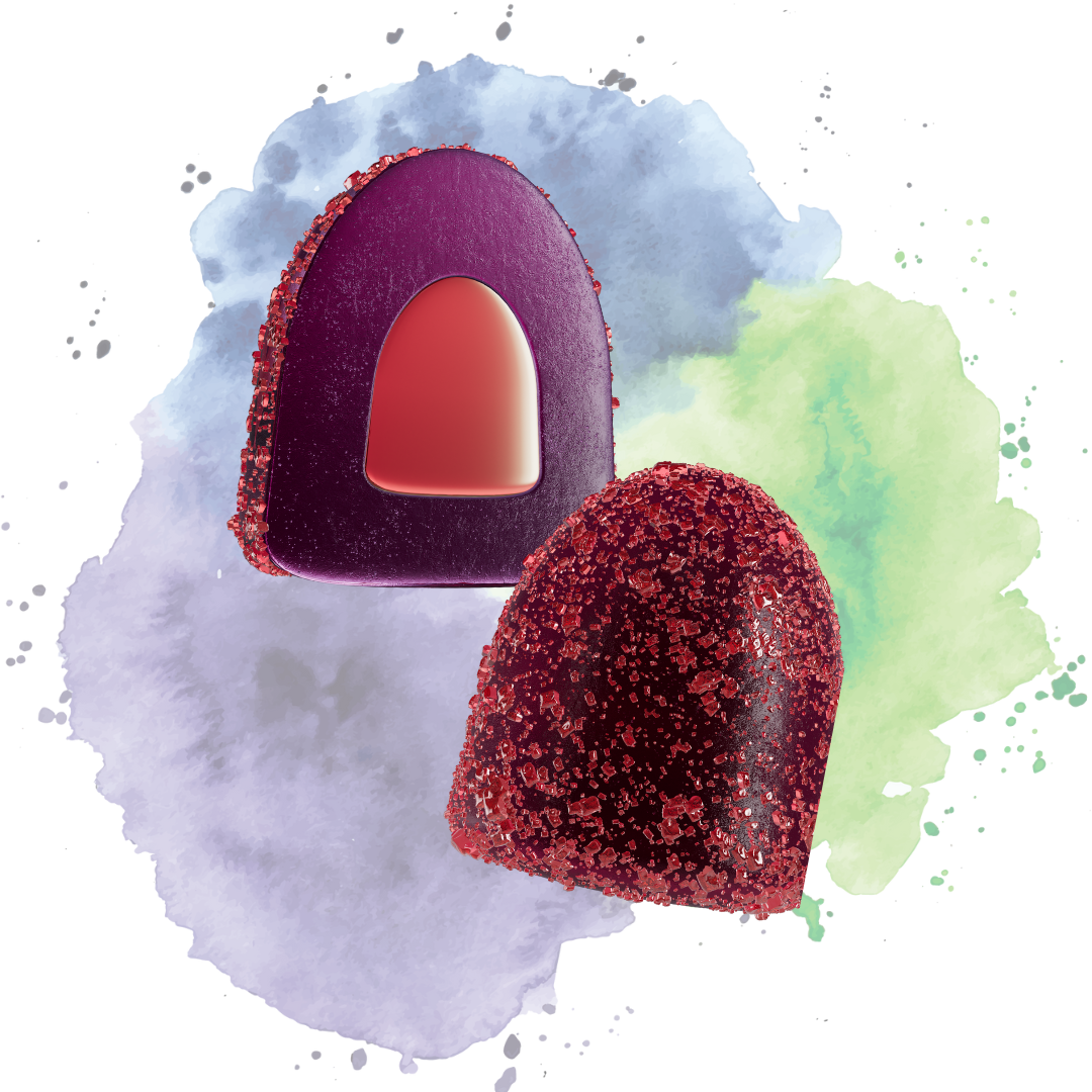 Mycoburst mood-boosting gusher gummy in Green Apple Blue Raspberry Flavor on a purple, blue, and green watercolor painted background