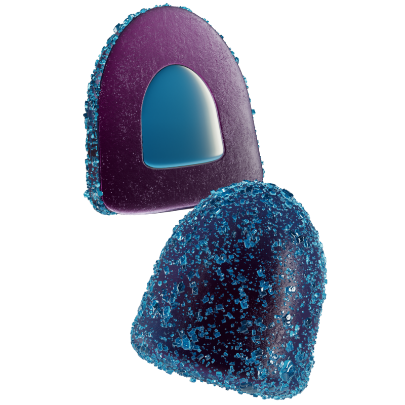 Two MycoBurst Cucumber Watermelon mushroom gummies—one whole and one cut open with a bright blue liquid core.