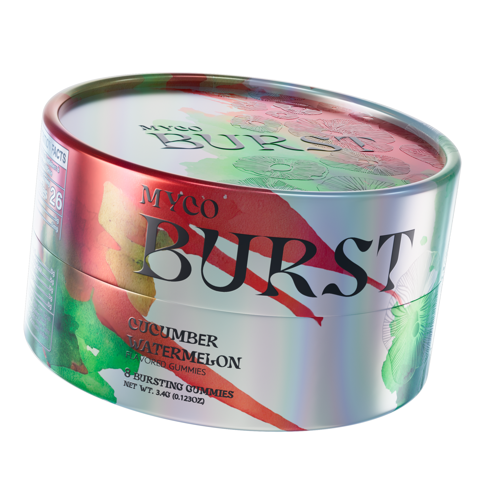 Close-up of MycoBurst’s Cucumber Watermelon mushroom gummy tin featuring a shiny, iridescent surface with red and green watercolor brushstrokes and subtle mushroom illustrations on the lid.