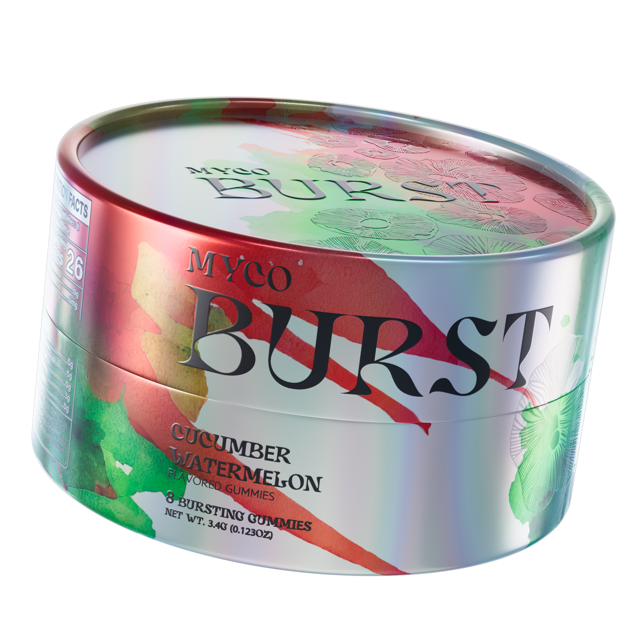 Close-up of MycoBurst’s Cucumber Watermelon mushroom gummy tin featuring a shiny, iridescent surface with red and green watercolor brushstrokes and subtle mushroom illustrations on the lid.