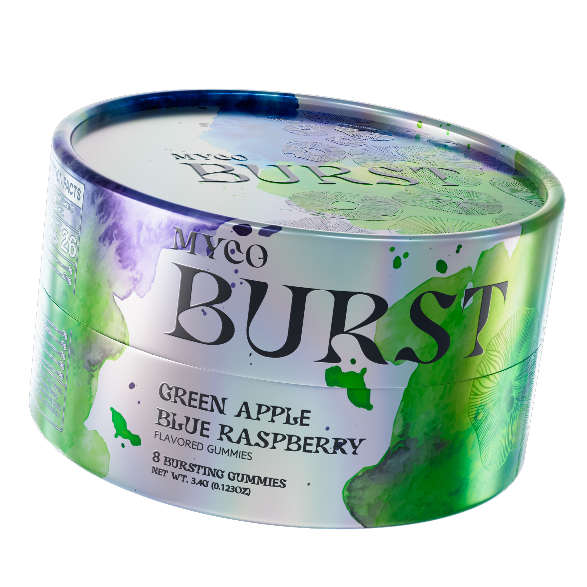 Iridescent MycoBurst tin for Green Apple Blue Raspberry gummies, decorated with bold green and blue watercolor splashes and delicate mushroom line art on the top.