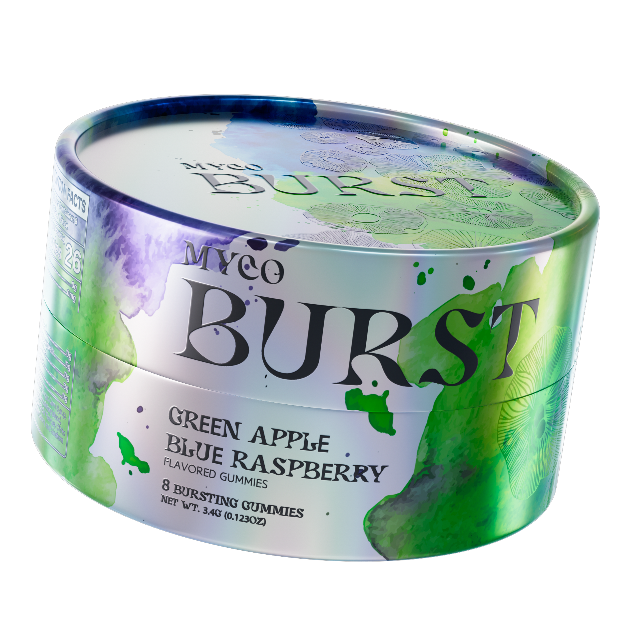 Iridescent MycoBurst tin for Green Apple Blue Raspberry gummies, decorated with bold green and blue watercolor splashes and delicate mushroom line art on the top.