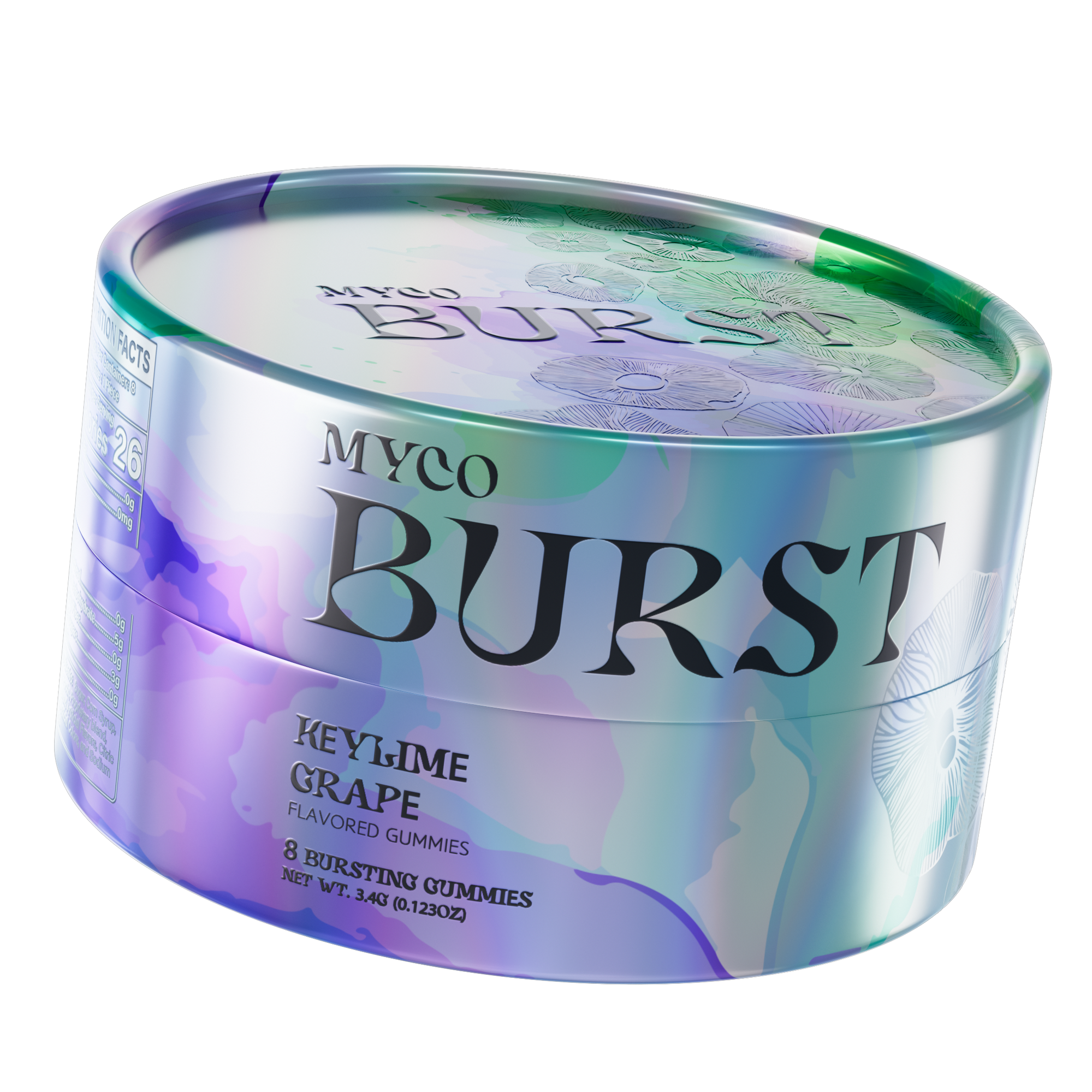 Glossy MycoBurst Key Lime Grape gummy tin in a cool-toned palette of green, lavender, and purple with soft watercolor washes and botanical mushroom drawings on the lid.
