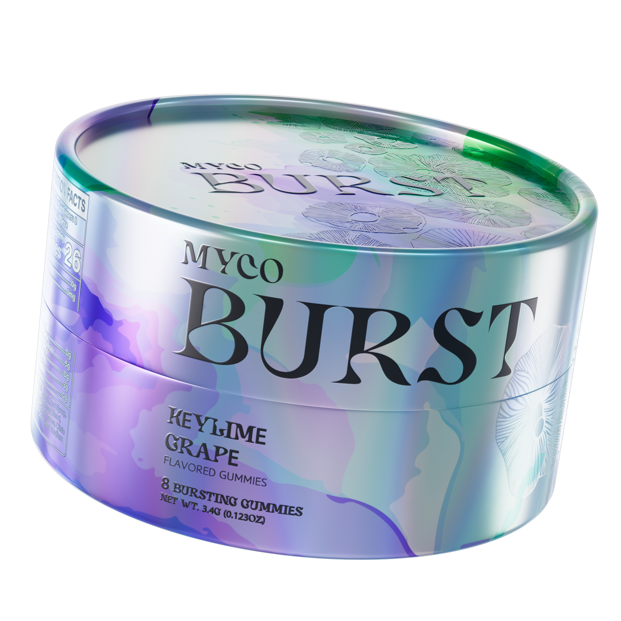 Glossy MycoBurst Key Lime Grape gummy tin in a cool-toned palette of green, lavender, and purple with soft watercolor washes and botanical mushroom drawings on the lid.