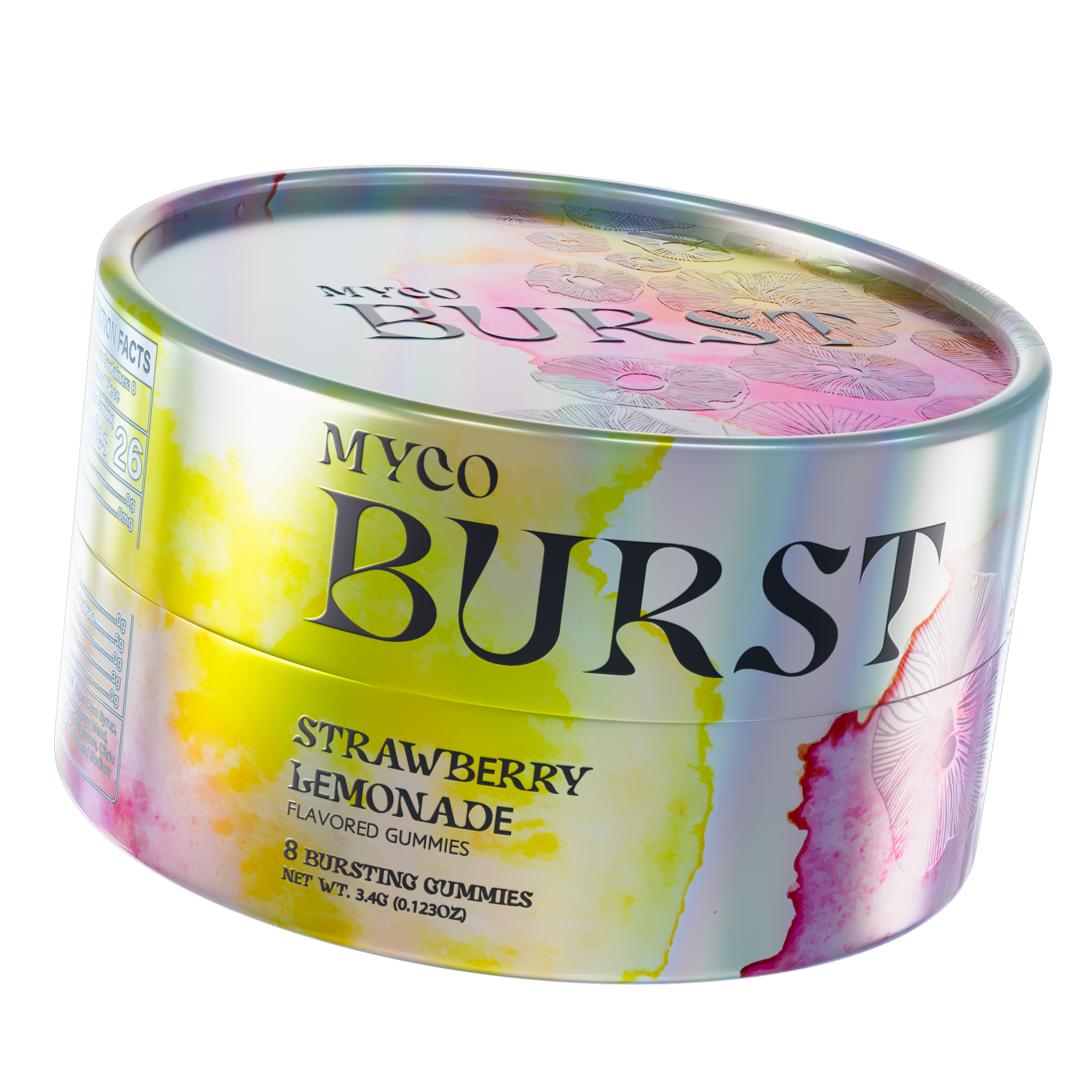 MycoBurst Strawberry Lemonade gummy tin featuring a warm, iridescent finish with vibrant yellow and pink watercolor accents and detailed mushroom sketches on the lid.