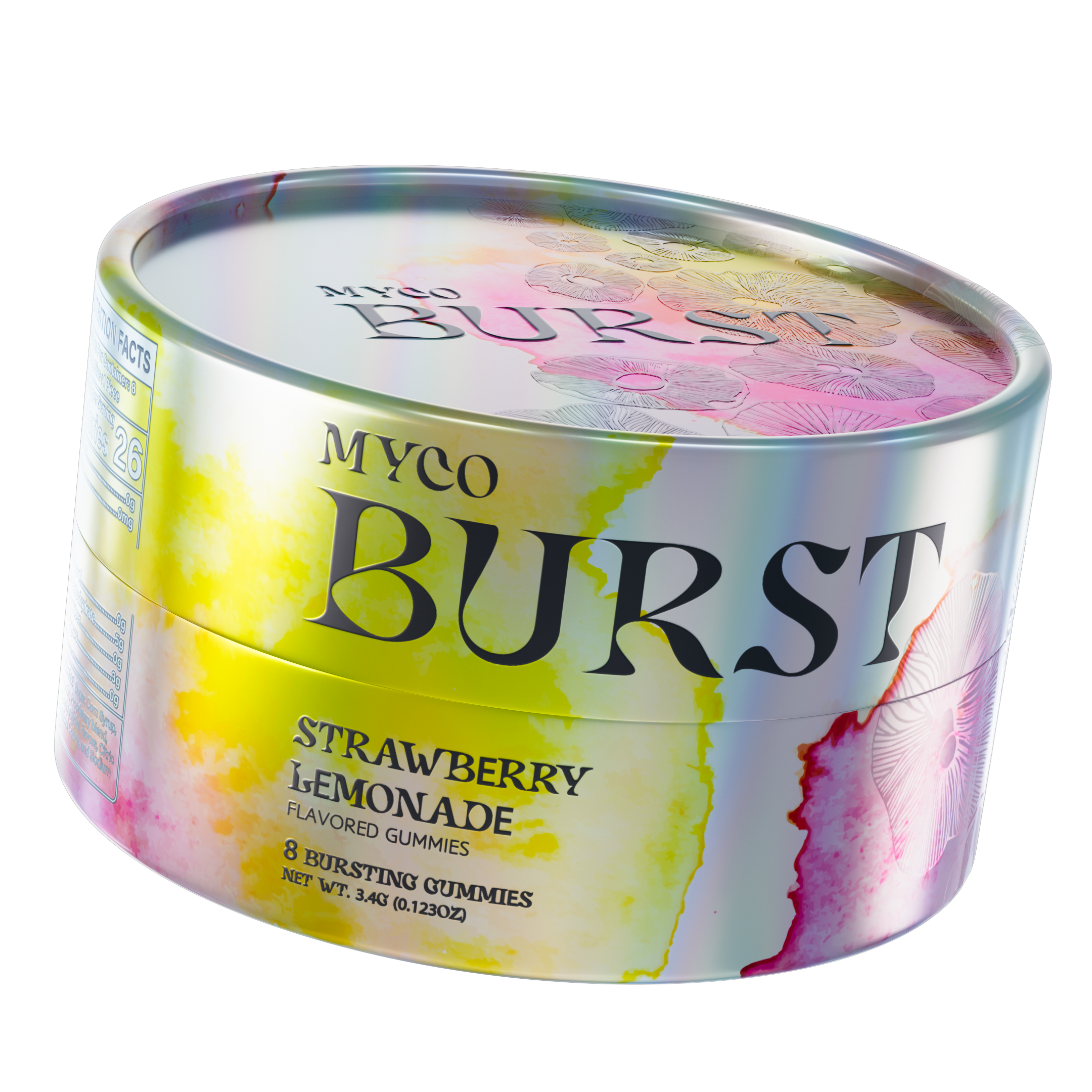 MycoBurst Strawberry Lemonade gummy tin featuring a warm, iridescent finish with vibrant yellow and pink watercolor accents and detailed mushroom sketches on the lid.