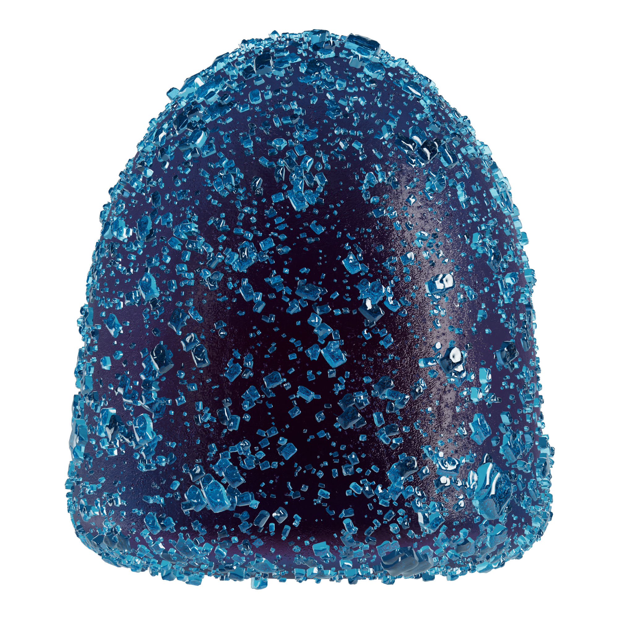 Close-up of a whole MycoBurst Cucumber Watermelon gummy, coated in vibrant blue sugar crystals, with a glossy, dark purple exterior.
