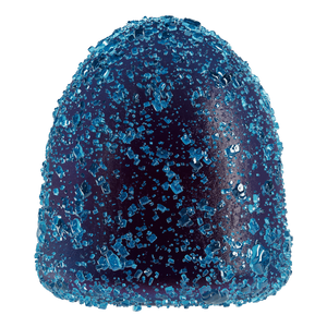 Close-up of a whole MycoBurst Cucumber Watermelon gummy, coated in vibrant blue sugar crystals, with a glossy, dark purple exterior.