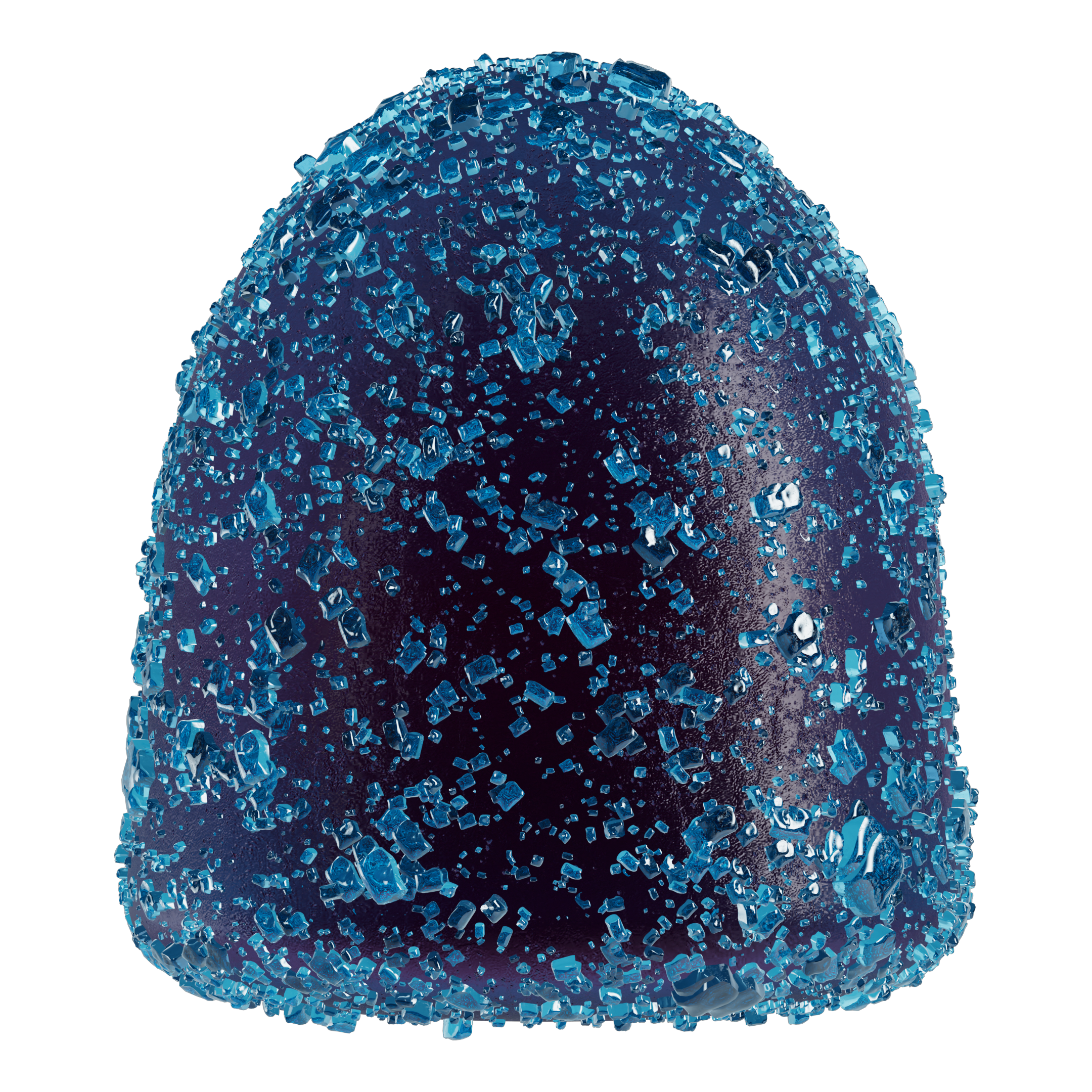 Close-up of a whole MycoBurst Cucumber Watermelon gummy, coated in vibrant blue sugar crystals, with a glossy, dark purple exterior.
