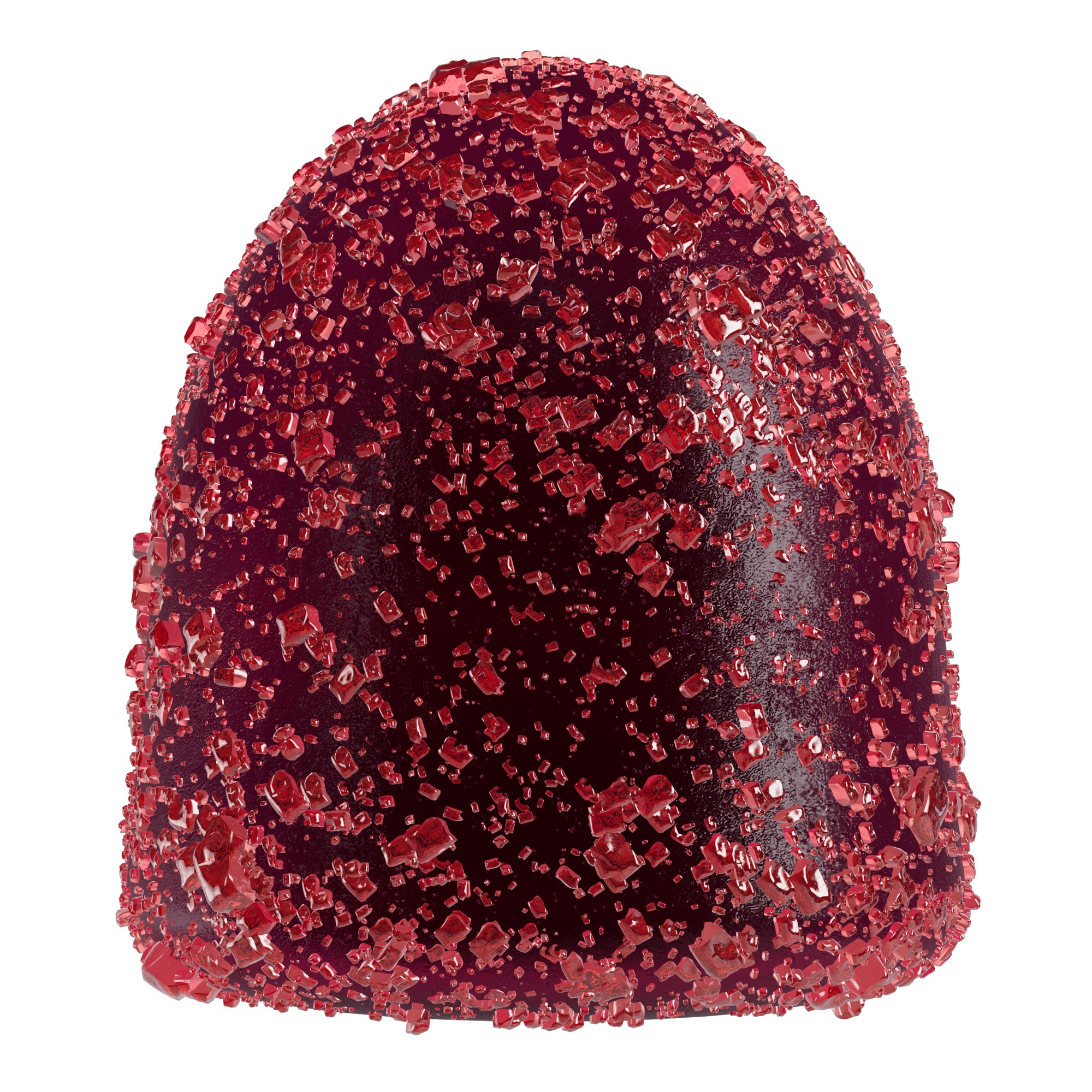 Detailed view of a whole MycoBurst Green Apple Blue Raspberry gummy, covered in bright red sugar crystals with a deep magenta gummy base.