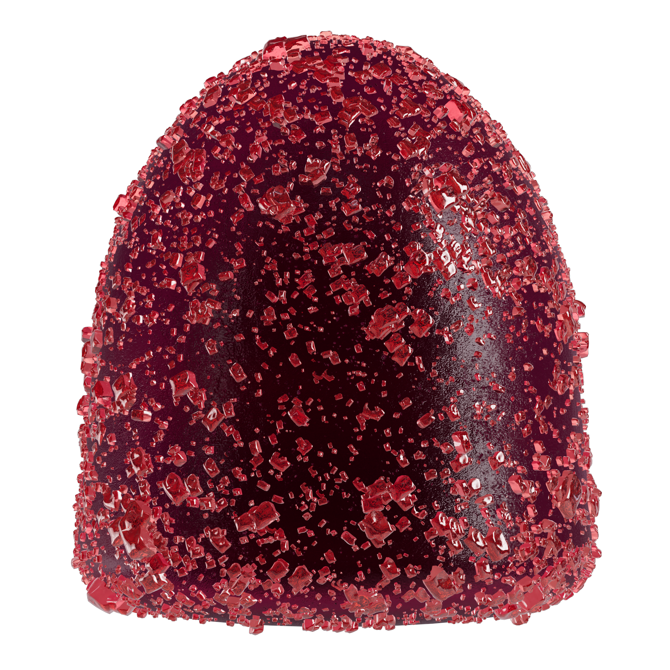 Detailed view of a whole MycoBurst Green Apple Blue Raspberry gummy, covered in bright red sugar crystals with a deep magenta gummy base.