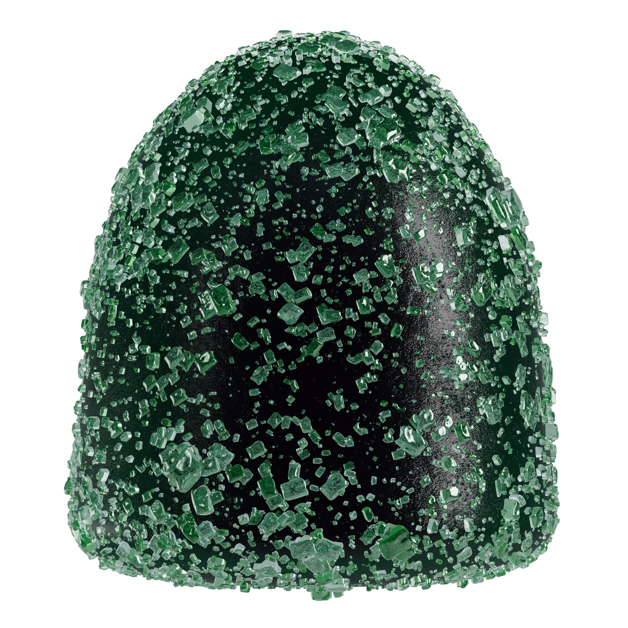 Close-up of a whole MycoBurst Key Lime Grape gummy, featuring a rich green hue and a generous coating of sparkling green sugar crystals.