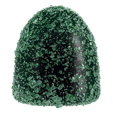 Close-up of a whole MycoBurst Key Lime Grape gummy, featuring a rich green hue and a generous coating of sparkling green sugar crystals.