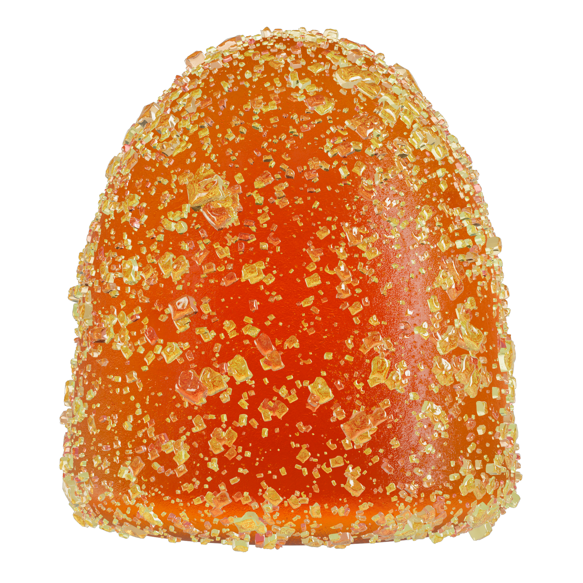 Zoomed-in image of a whole MycoBurst Strawberry Lemonade gummy with a bold orange color and glistening yellow sugar crystal coating.