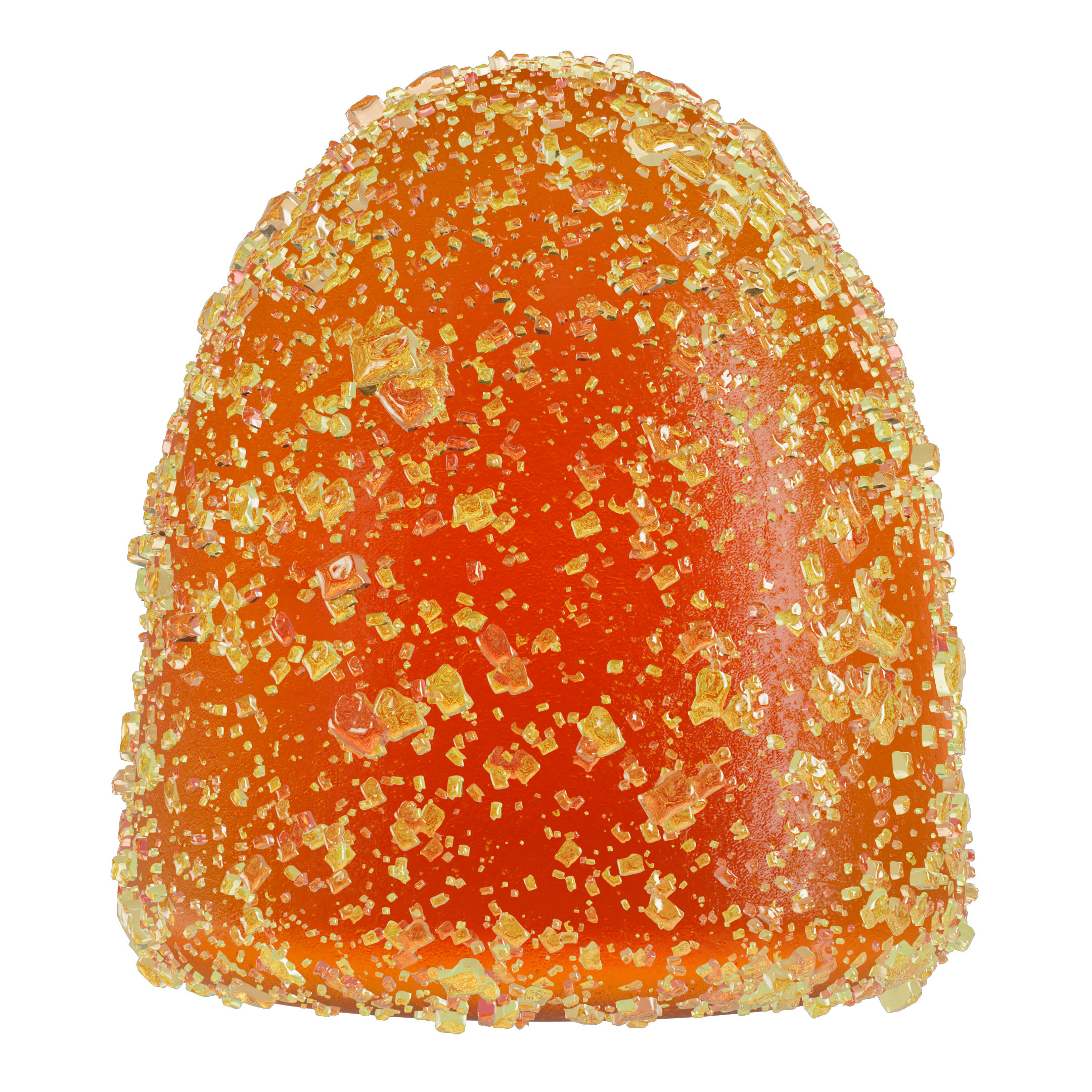 Zoomed-in image of a whole MycoBurst Strawberry Lemonade gummy with a bold orange color and glistening yellow sugar crystal coating.