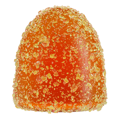 Zoomed-in image of a whole MycoBurst Strawberry Lemonade gummy with a bold orange color and glistening yellow sugar crystal coating.